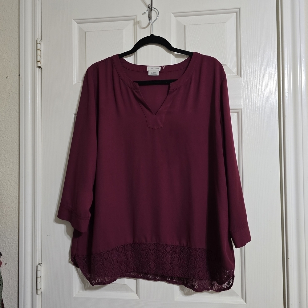 Women's Burgundy Blouse with Lace Hem Van Heusen XL